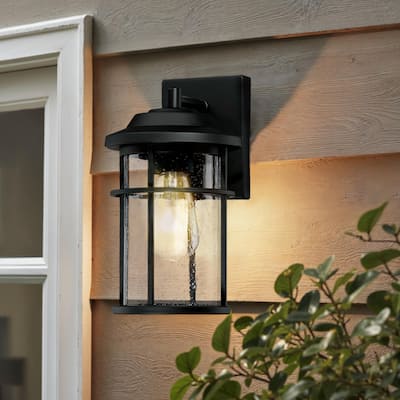 Modern Black Outdoor Wall Lantern with Seeded Glass