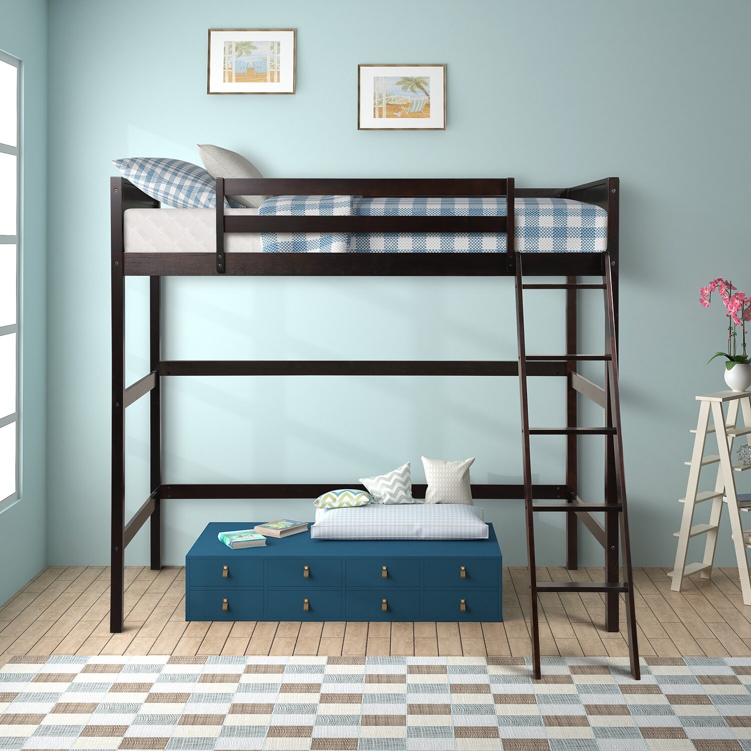 Solid Wood Twin Loft Bed with Ladder