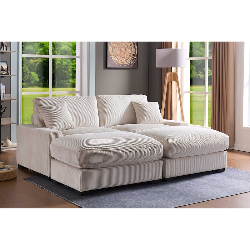 Corduroy Deep Seat Sectional Sofa with Ottoman Chaise and Pillows - Beige