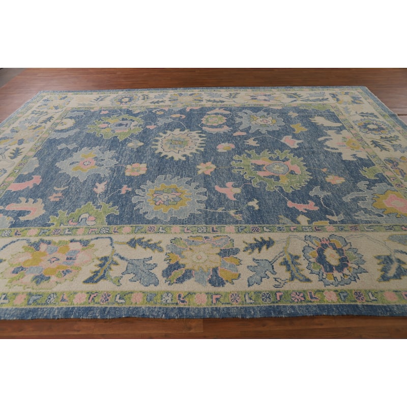Hand Knotted Oriental 100% Wool Carpet Transitional All-Over Navy Blue & Blues Oushak Area Rug - 11' 10'' X 9' 5''
