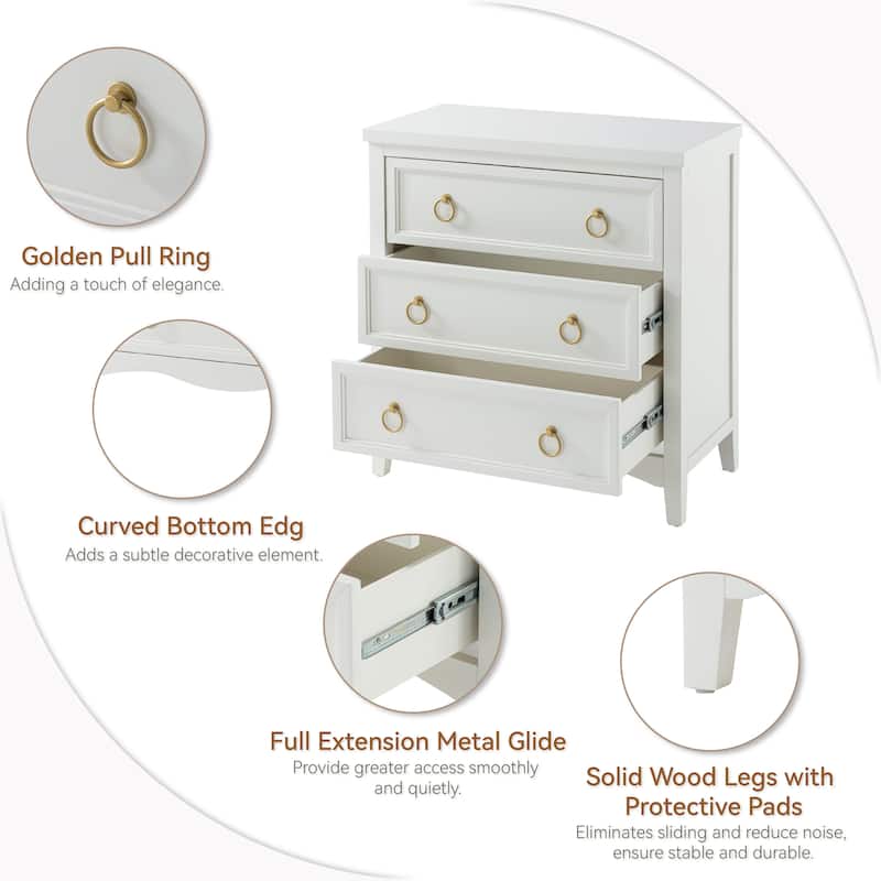 COZAYH Farmhouse Fully-Assembled 3-Drawer Dresser Chest with Bronze Metal Ring Handles, Vintage French Country Nightstand