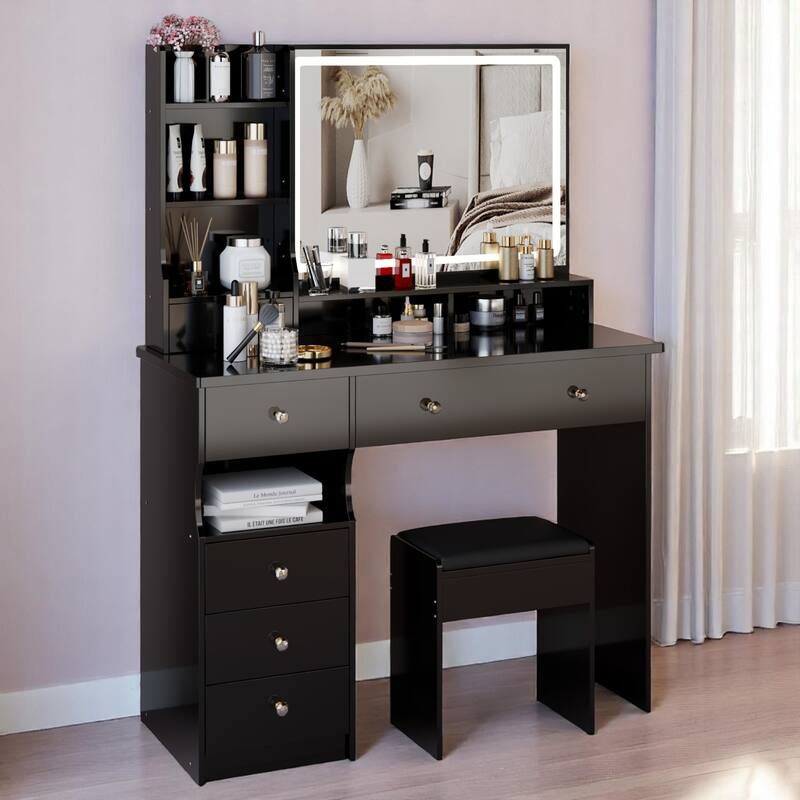 KISRAIS 41" Large Size Fashion Vanity Desk with Mirror and Lights, 3 Color Lighting Brightness Adjustable