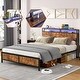 preview thumbnail 1 of 10, Rustic Brown Full Size Metal Industrial Bed Frame with LED Lights and USB Ports Full - Rustic Brown