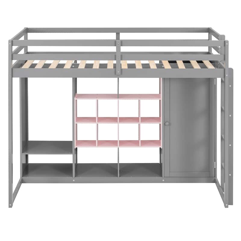 Roomfitters Twin Size Wood Loft Bed with Wardrobe, Shelves and Cabinet