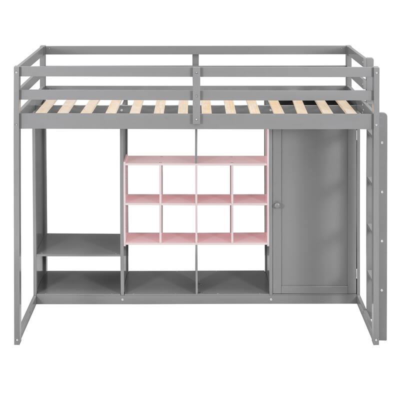 Twin Size Wood Loft Bed with Wardrobe, Shelves, and Cabinet in Gray and Pink