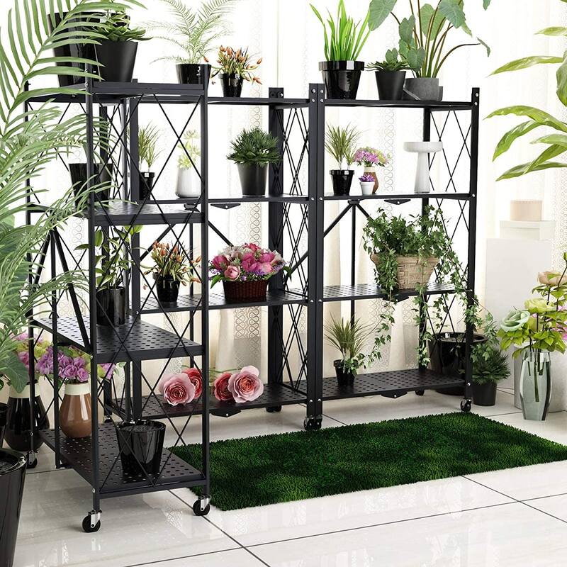4-Tier Foldable Storage Shelving Unit, Heavy Duty Metal Shelf, Kitchen Shelf with 3 Hooks