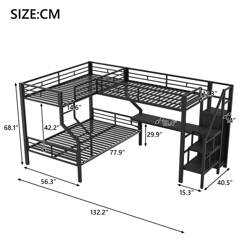 Metal L-Shaped Twin Over Full Bunk Bed with Loft Bed Frame Built-in Desk with USB, Staircase and Wardrobe for 3