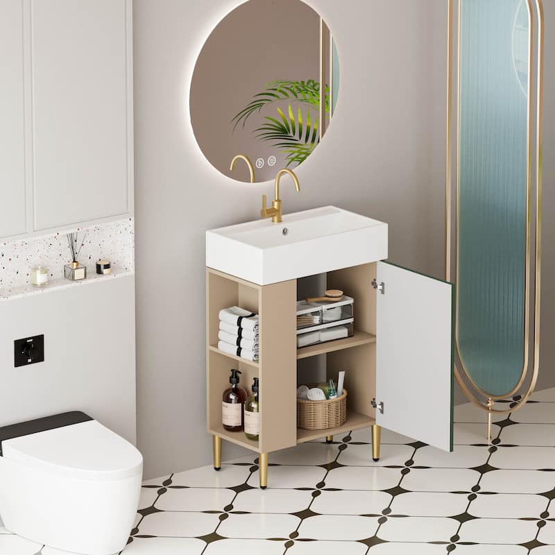 21.6" Open-Shelving Bathroom Vanity with Ceramic Sink and Cabinet