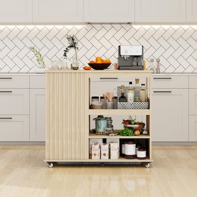 Kitchen Island Cart on Lockable Wheels, Mobile Island Table with Fluted Drawer, Wine Rack & Adjustable Shelves