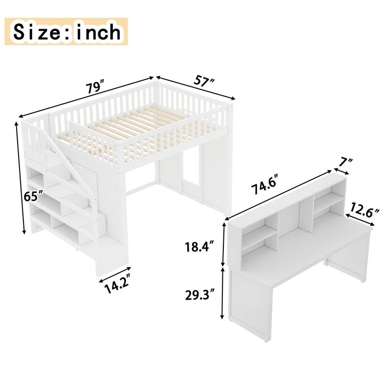 Full Size loft bed with movable desk and storage shelf, featuring storage stairs