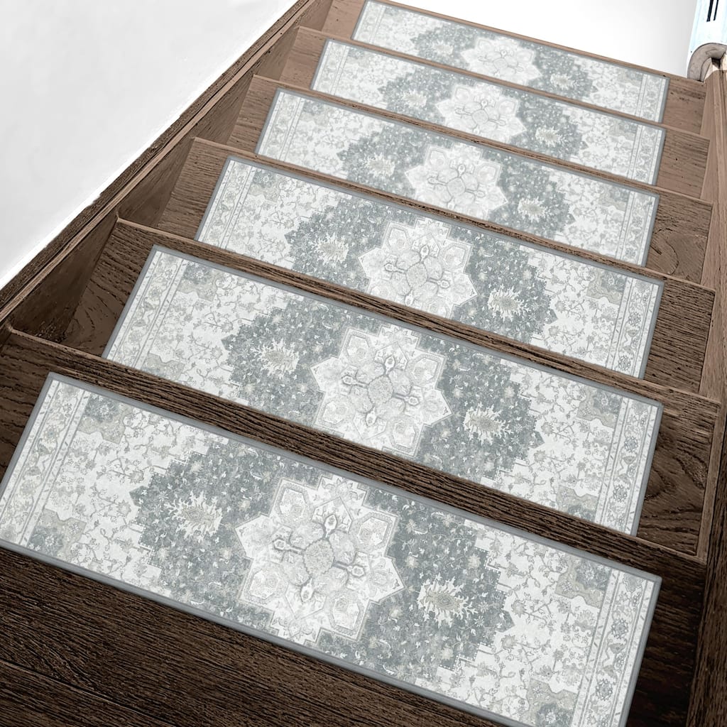Mcow Vintage Grey Floral Soft Polyester Non-Slip Washable Stair Tread Set - 8" x 30", 15-Pack - 8" x 30"