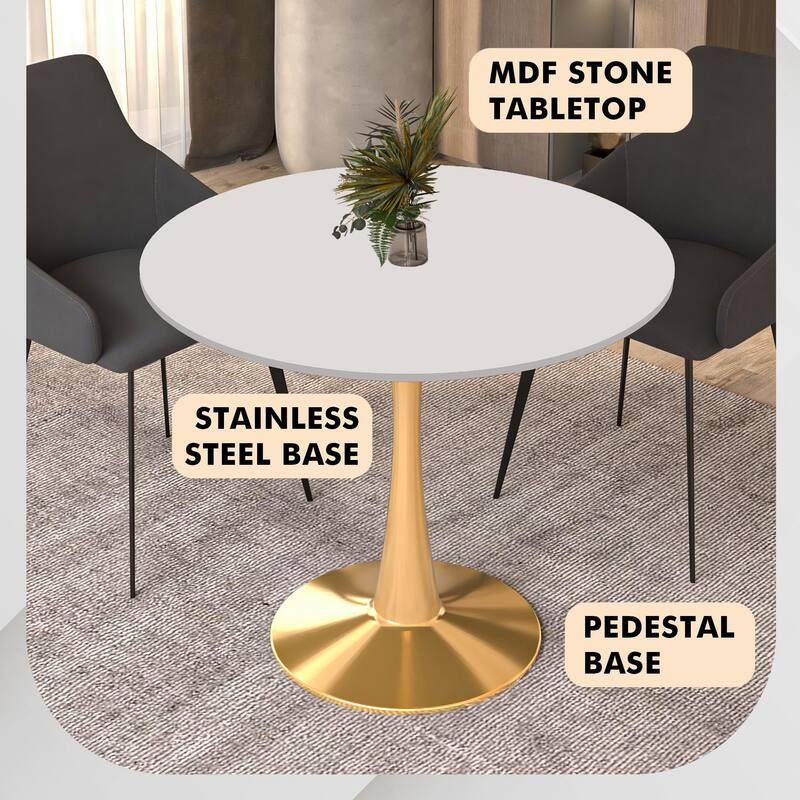 LeisureMod Bristol 31" Round Dining Table for 4 with MDF Wood Tabletop in Gold Steel Base for Kitchen & Dining Room