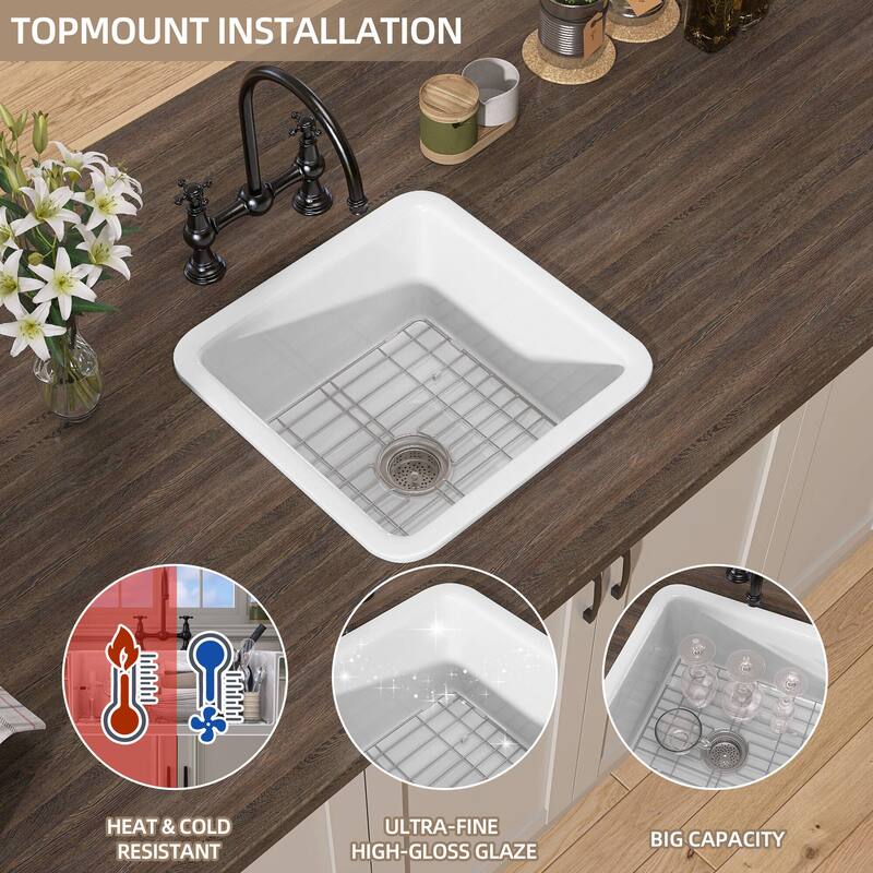 18" L X 18" W Fireclay Single Bowl Drop-In Kitchen Sink Undermount Farmhouse Sink With Accessory