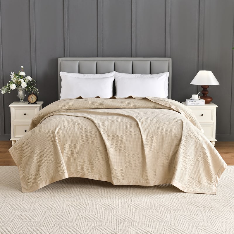 100% Cotton Waffle Weave Lightweight Bed Blanket, Cotton Sateen Bordered - 104x92" - Taupe