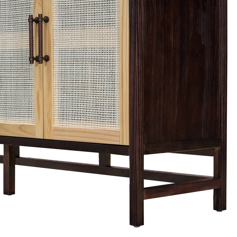 Natural Walnut Buffet Sideboard Storage Cabinet, Rattan Doors Accent Cabinet Console Table for Dining Room Living Room