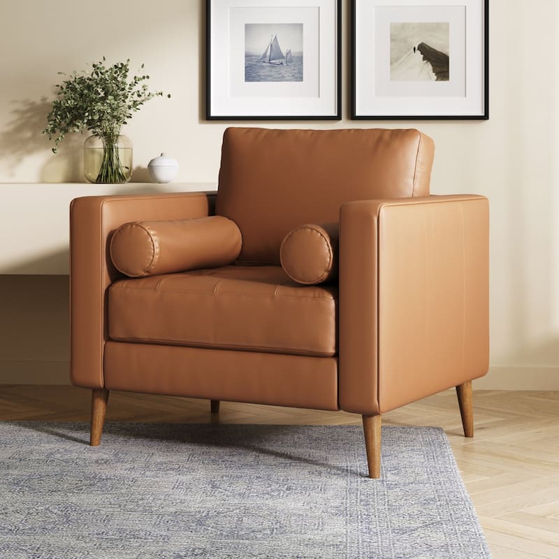 Breeze Mid Century Modern Sofa, Leather Couch with Tufted Cushion and Solid Wood Frame - Armchair - No Chaise