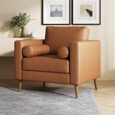 Breeze Mid Century Modern Sofa, Leather Couch with Tufted Cushion and Solid Wood Frame