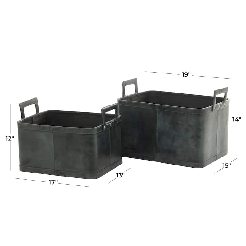 Sleek Leather Modern Storage Basket with Handles (Set of 2) - Dark Blue or Brown