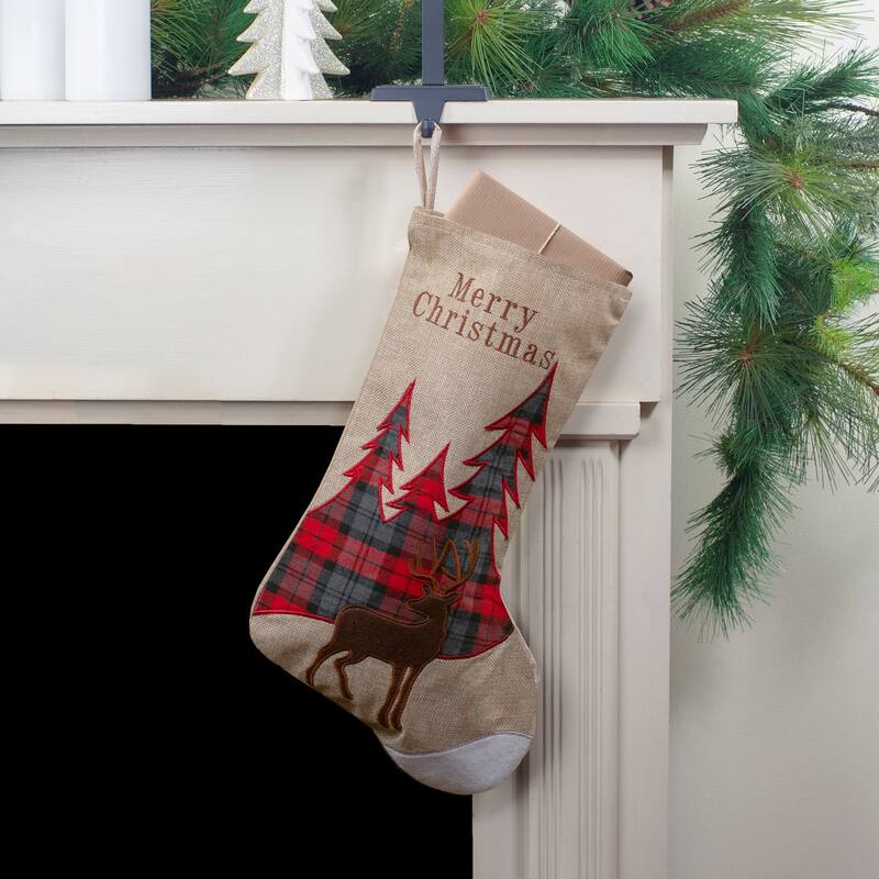 19" Beige and Red Plaid Reindeer With Forest Trees Christmas Stocking