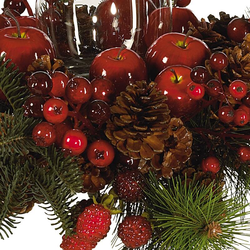 17.5" Red Berries Apples Pinecones Celabrum Glass Candleholder