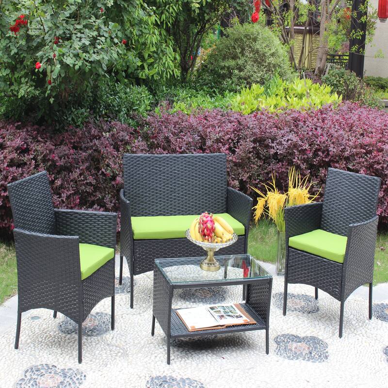 4 PC Rattan Patio Furniture Set - Black+Green