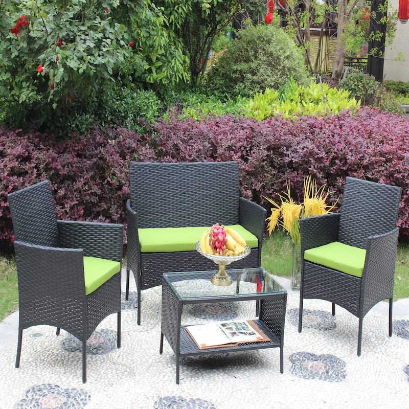 Green 4 Pieces Rattan Patio Furniture Set Outdoor Patio Cushioned Seat Wicker Sofa, PE Rattan
