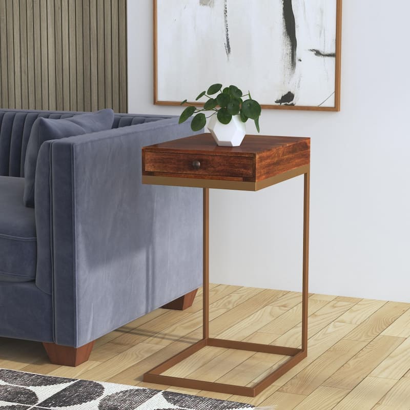 HomeRoots 27" Natural Brown Solid And Manufactured Wood Square End Table With Drawer - 13.75