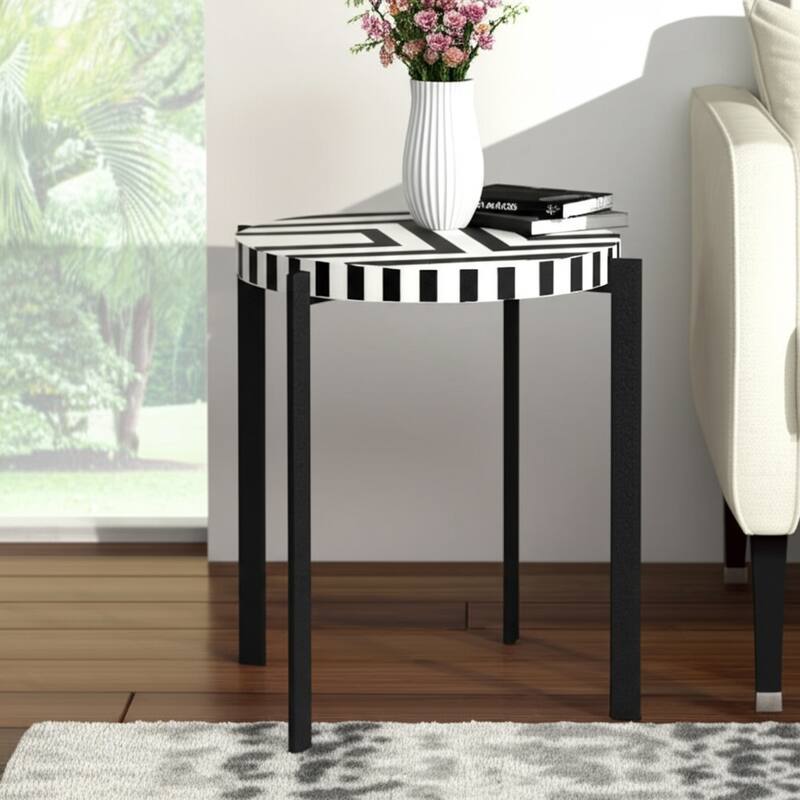 Wood Side Table Round Geometric Top Sleek Base - 23" Black/White - 20.5" x 17" x 22.5"