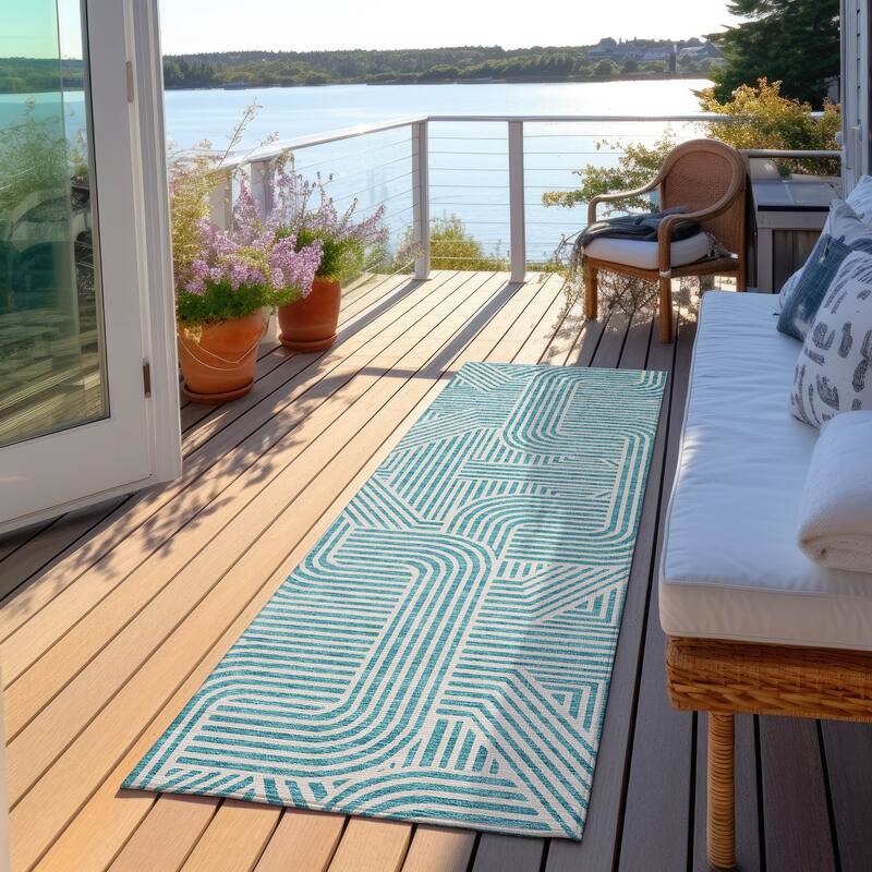 Machine Washable Indoor/ Outdoor Chantille Contemporary Geo Rug - Teal - 2'3" x 7'6"