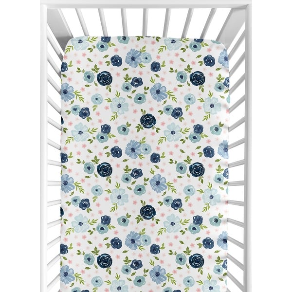 slide 2 of 6, Floral Collection Girl Jersey Knit Fitted Crib Sheet - Navy Blue and Blush Pink Boho Shabby Chic Rose Watercolor Flower