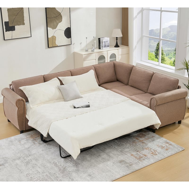 2 in 1 Pull Out 6 Seater L Shaped Sleeper Sectional Sofa Bed, 104" Brown