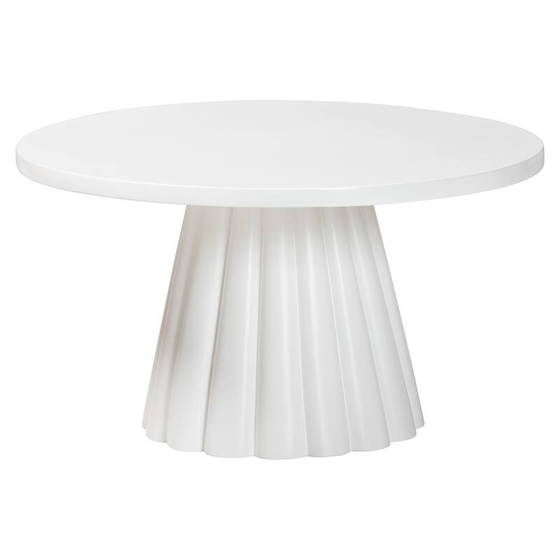 Parvana Round Coffee Table with Fluted Pedestal Base - Contemporary White Resin Accent Table for Living Room - White