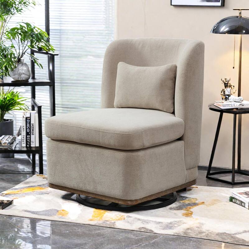 Chenille 360° Swivel Armless Chair with Metal Base, High-Density Foam Cushion, and Included Pillow - Beige