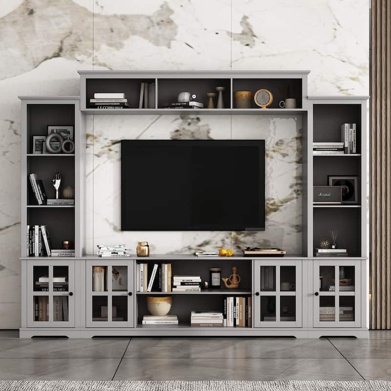 Wall Unit Entertainment Center Bookshelves TV Stand Display End Tables - 102"With Side Cabinet - Grey