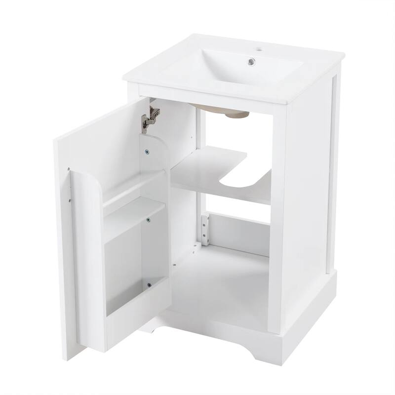 20" White Bathroom Vanity with Ceramic Sink, Soft Closing Door, Adjustable Shelve & Storage Rack, Freestanding Design