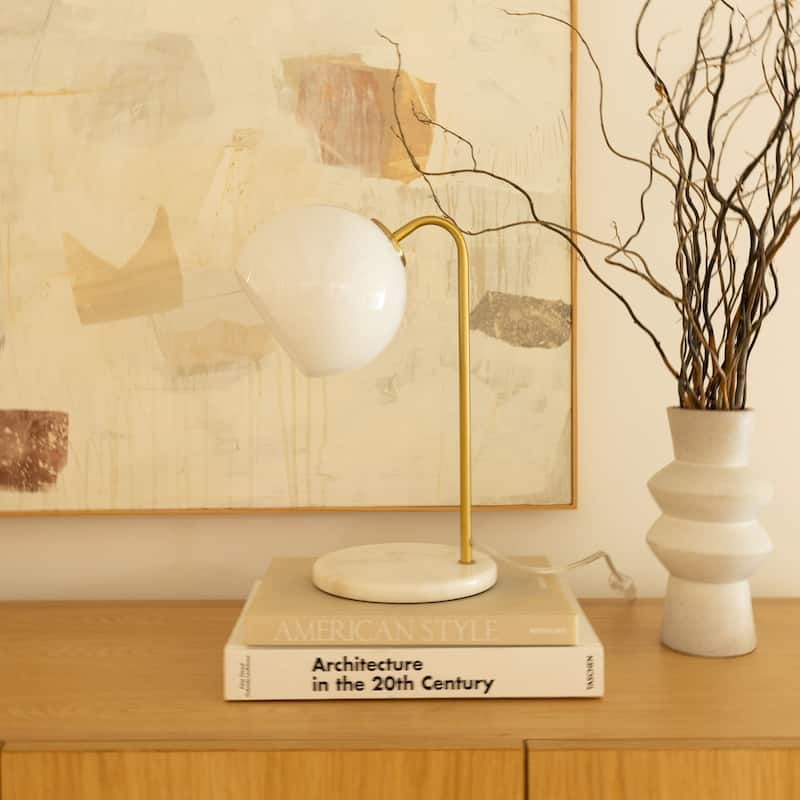 Brightech Krystal 14.5 in. Antique Brass Modern LED Arc Desk Lamp with White Glass Globe Shade