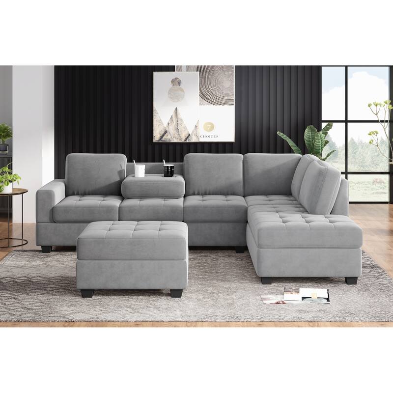 Modern Sectional Sofa with Reversible Chaise, L Shaped Couch Set with Storage Ottoman and Two Cup Holders