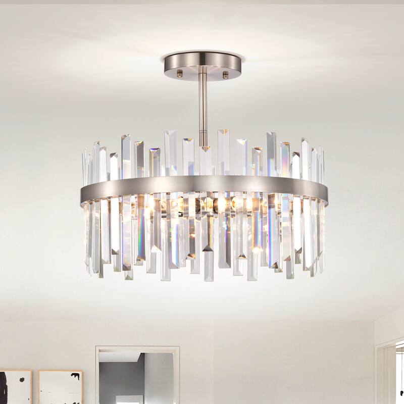 Casandra 5-Light Drum Crystal Glass Flush Mount. - Satin Nickel