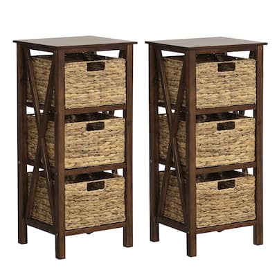 Costway 1/2 PCS 3-Tier Nightstand with 3 Seagrass Baskets Rubber Wood