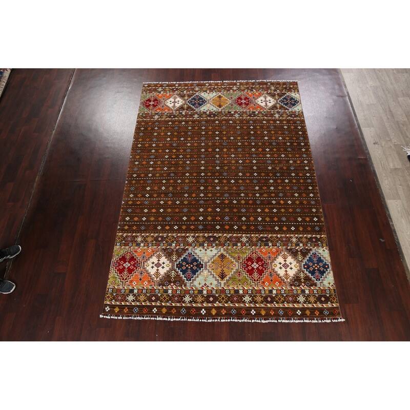 Brown Geometric Kazak Persian Living Room Area Rug Wool Hand-knotted - 6'9" x 9'9"