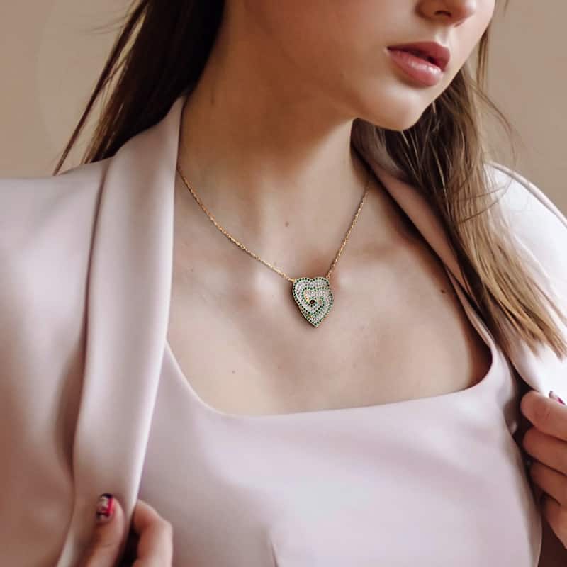 Miadora 1 2/5ct TGW Created White Sapphire Created Emerald Heart Necklace Yellow Silver