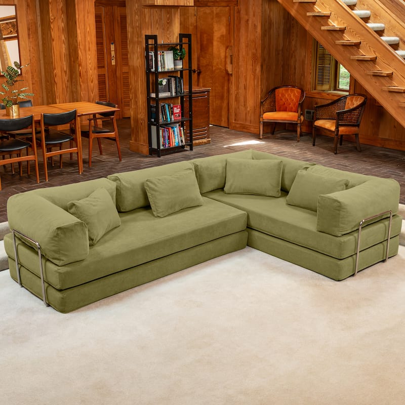 Jaxx Unsofa Modular Convertible Sectional Sofa with Fold Out King Sleeper Bed - L-Shaped Sectional. - Corduroy Moss Green