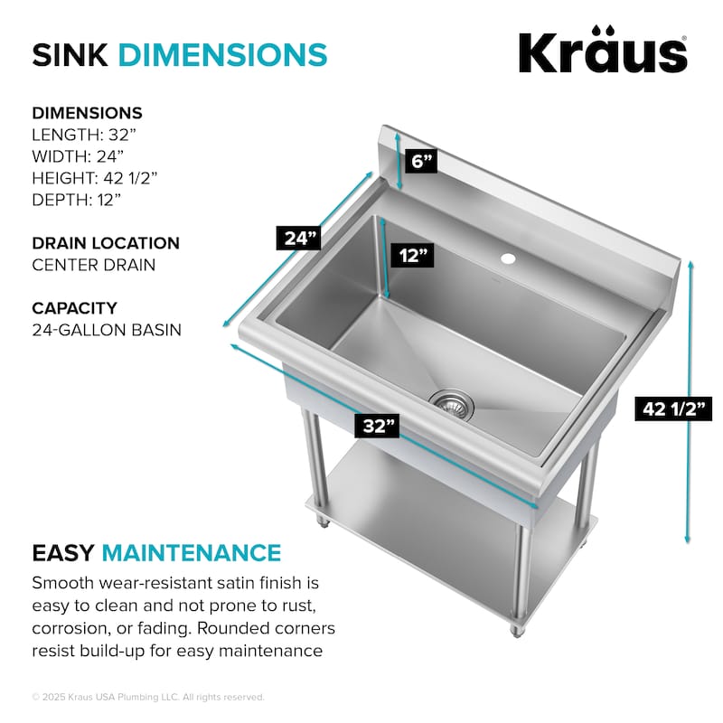 KRAUS Standart Pro 32 in. Stainless Steel 1-Bowl Laundry Utility Sink