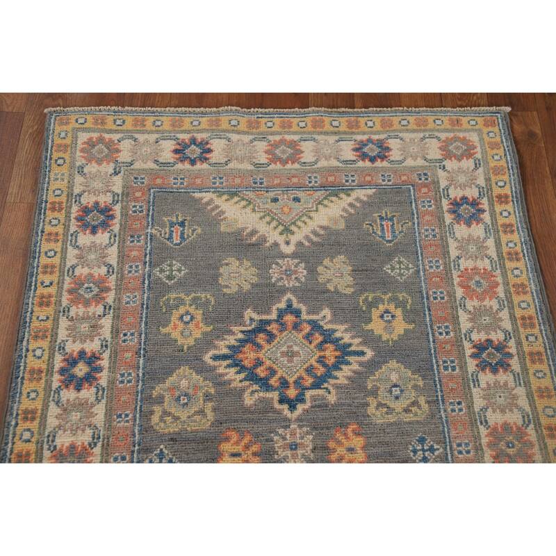 Gray Kazak Runner Rug Hand-Knotted Wool Carpet - 2'7" x 9'7"