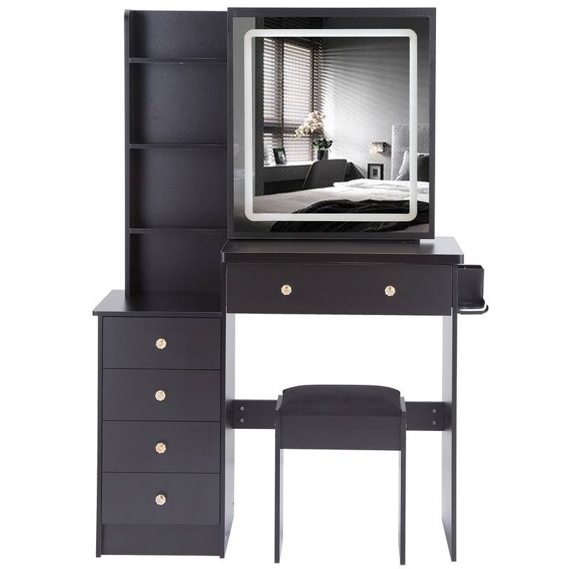37" Middle Size Left Bedside Cabinet Vanity Table + Cushioned Stool Dresser Set, Large Touch Control LED Sliding Mirror