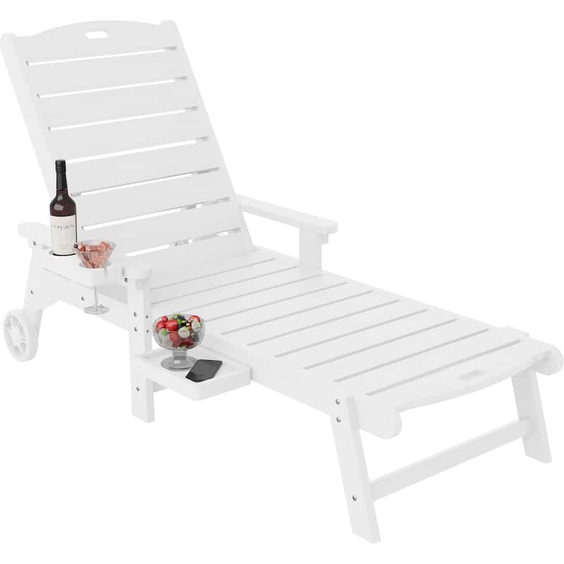 WINSOON HIPS All-Weather Outdoor 5-Position Adjustable Backrest Lounge Chair with Wheels, Cup Holder and Table - White