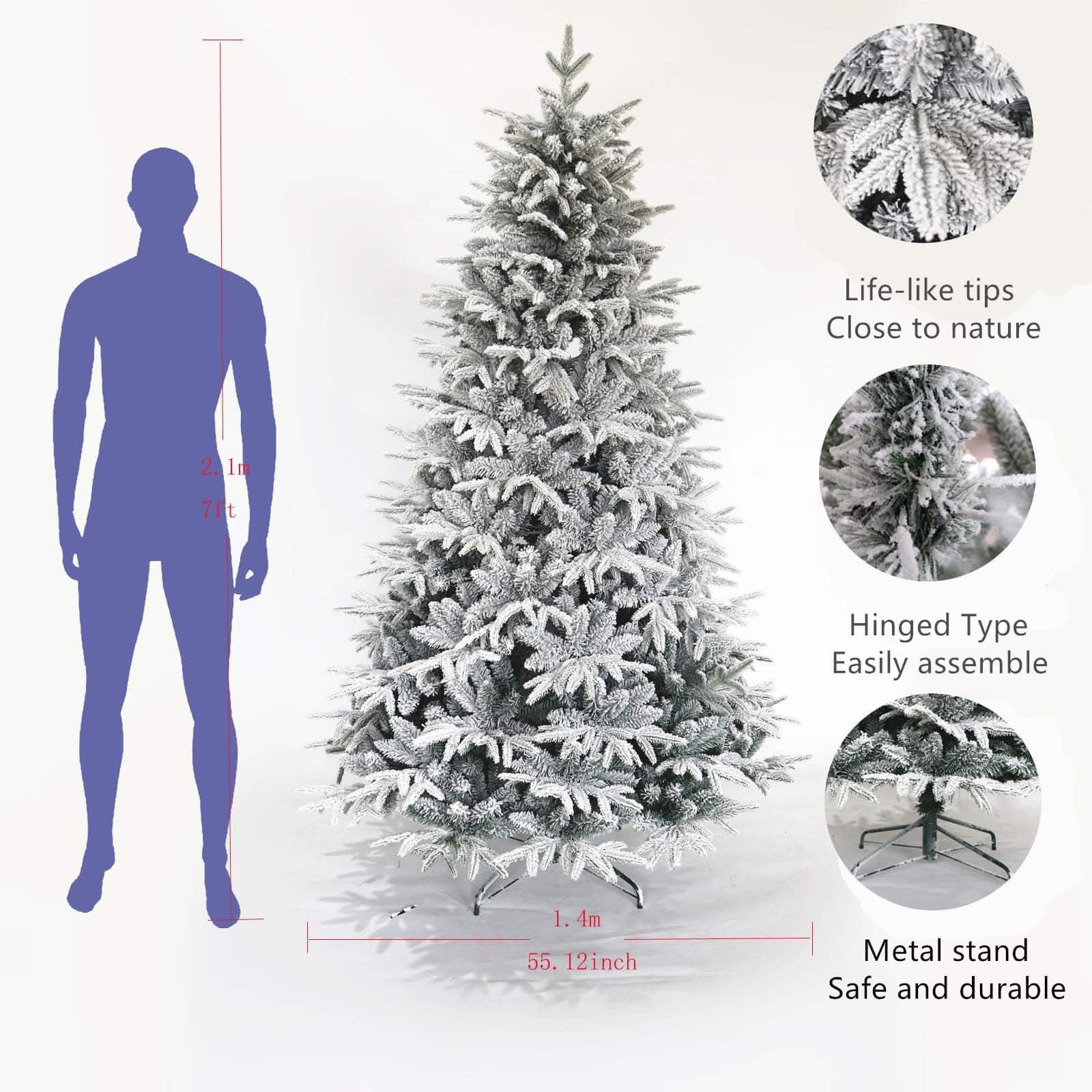 Snow Flocked Christmas Tree 7ft Artificial Hinged Pine Tree with White