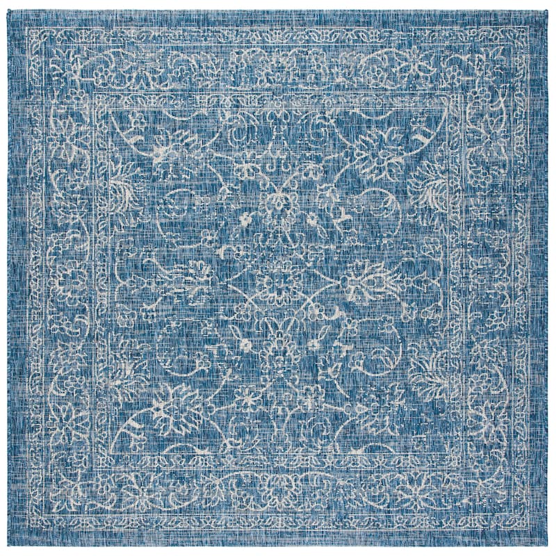 SAFAVIEH Courtyard Aquata Indoor/ Outdoor Waterproof Patio Backyard Rug - 5'3" Square - Navy/Ivory