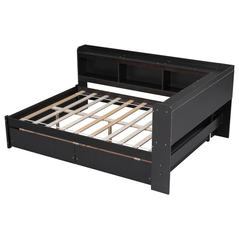 Pine Platform Bed with 2 Drawers & L-shaped Bookcases