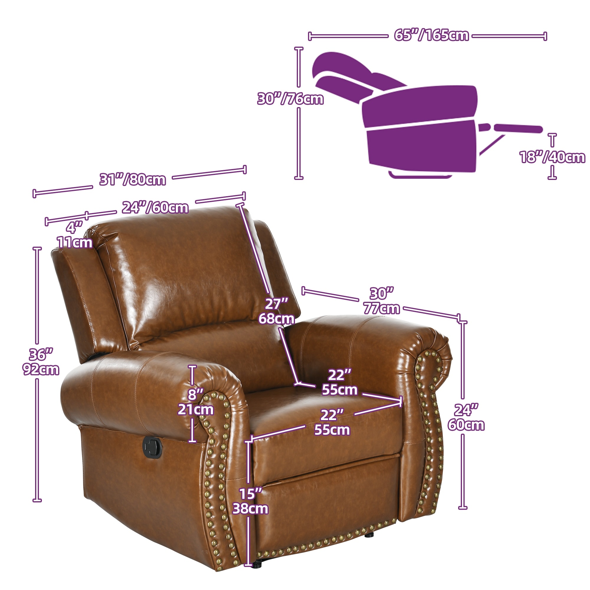 Traditional Classics Rolled Arm PU Leather Recliner Chair with
